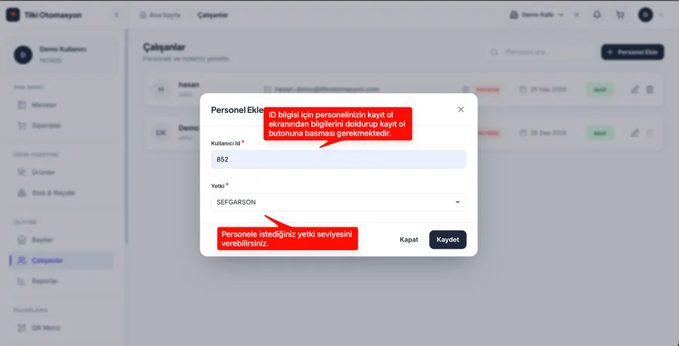 Kullanıcı ID’si ve yetki verin