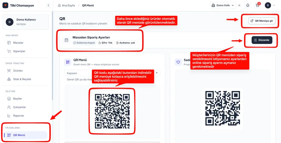 QR menü sayfasında QR kod indirme ve masadan sipariş ayarları