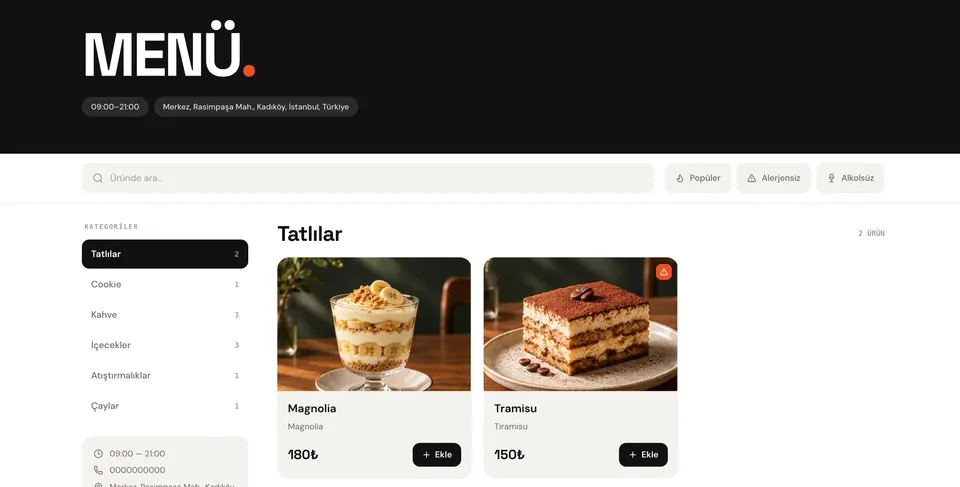 Müşterinin telefonunda açılan, kategorilere ayrılmış QR menü