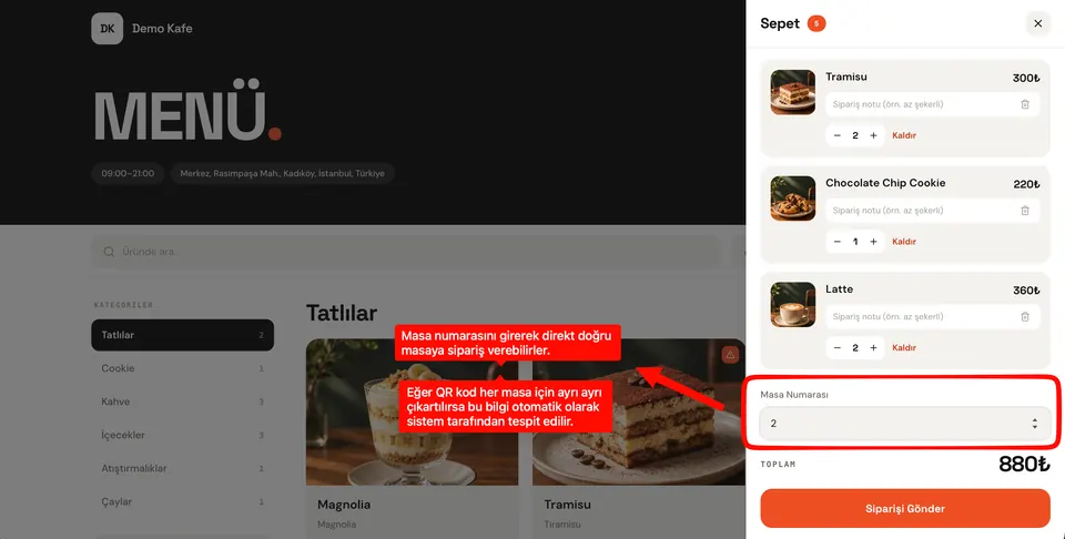 QR menüde sepet ekranı ve masa numarası girişi