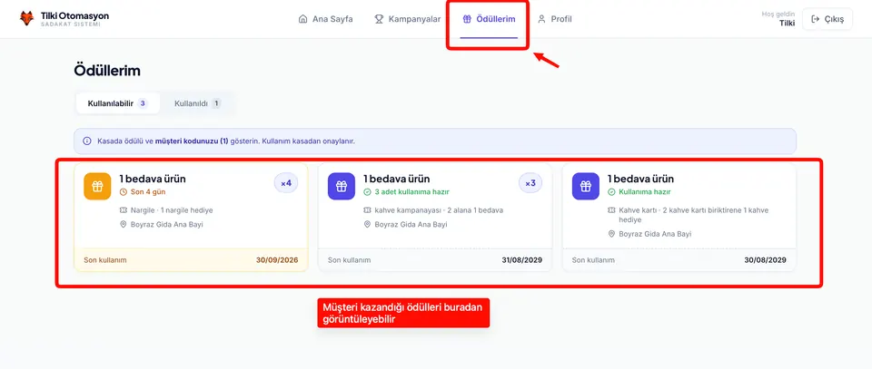 Tilki Sadakat uygulamasında müşterinin ödüllerim ekranı