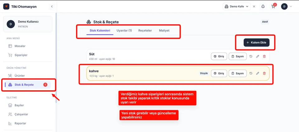 Stok ekranında stok kalemleri, kritik stok uyarısı, giriş ve sayım butonları