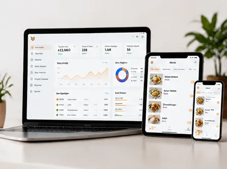 Dizüstü bilgisayar, tablet ve telefonda açık restoran yönetim paneli