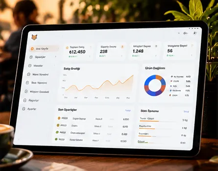 Tablette satış grafiği ve siparişleri gösteren yönetim paneli